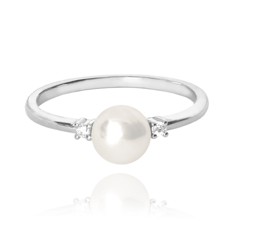 MINET Stříbrný prsten s perlou a bílými zirkony vel. 58