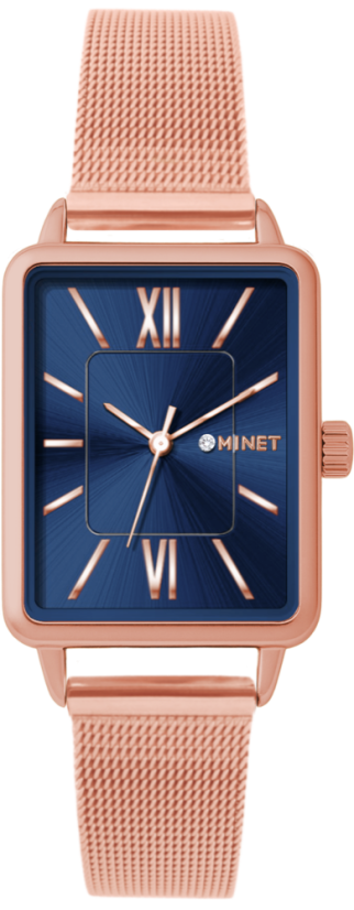 MINET Rosegold-modré dámské hodinky SIENA se rosegold ocelovým řemínkem