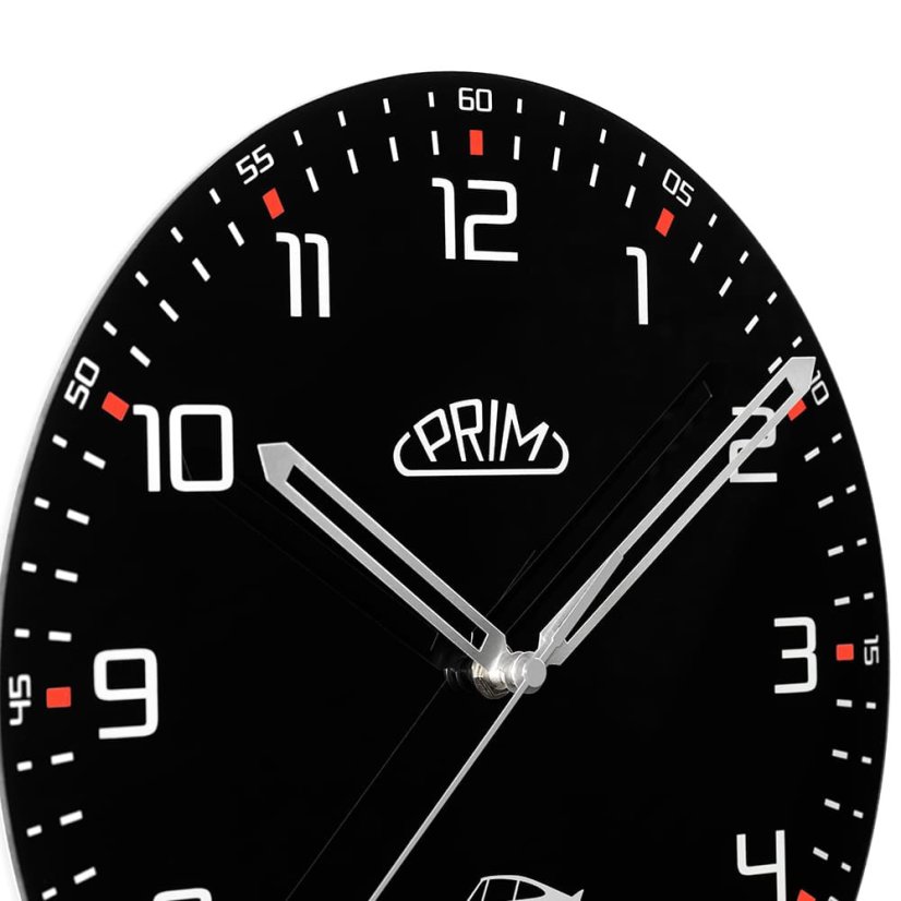 Sklenené nástenné hodiny s tichým chodom PRIM Speedline - čierno-biele - E09.5530.9000