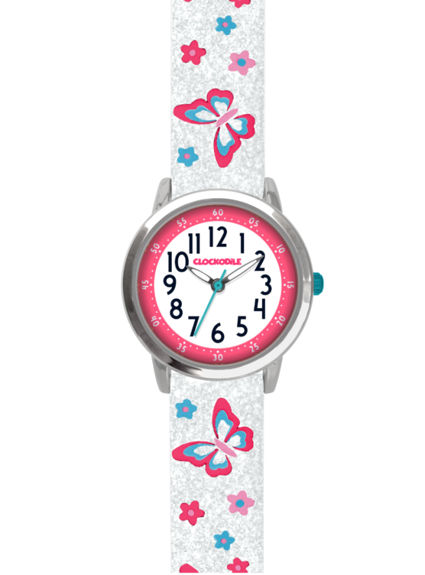 Motýlie biele dievčenské detské hodinky CLOCKODILE BUTTERFLIES s trblietkami