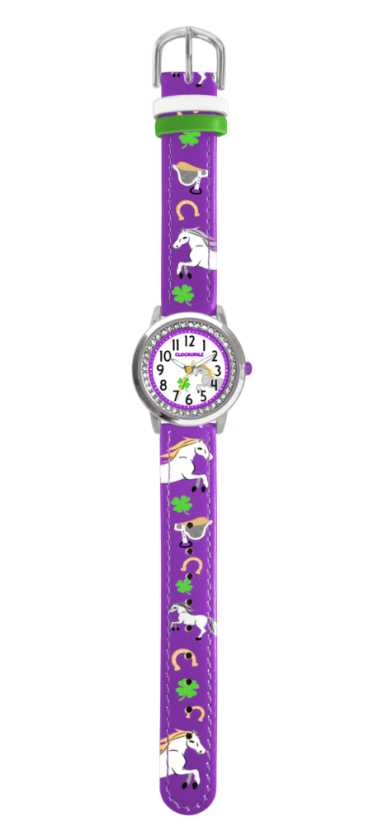 CLOCKKODIEL Fialové dievčenské detské hodinky a kamienky KONÍK