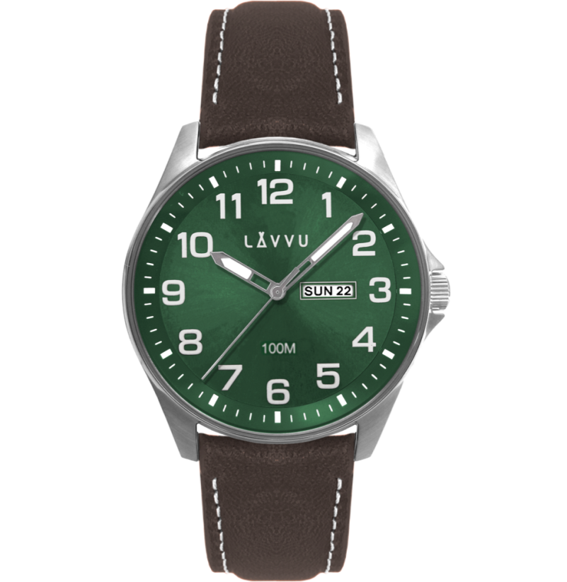 LAVVU Ocelové pánské hodinky BERGEN Green / Top Grain Leather se svítícími čísly