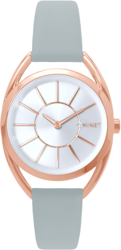 MINET Rose gold dámské hodinky ICON PINK se šedým koženým řemínkem