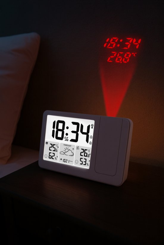 Rádiem řízená meteorologická stanice s budíkem a projekcí JVD RB3539