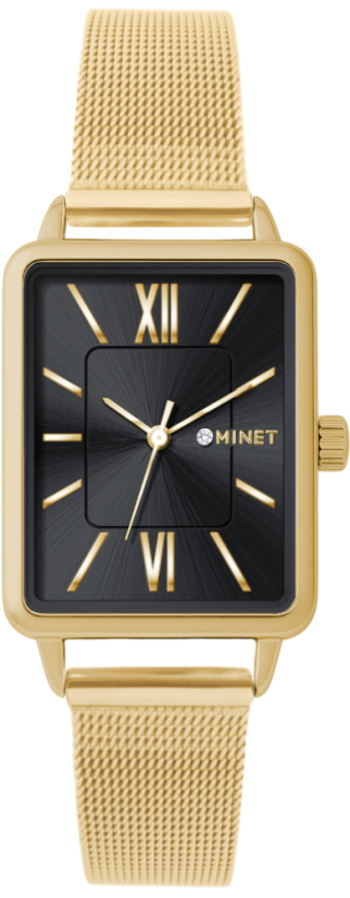 MINET Zlato-černé dámské hodinky SIENA se zlatým ocelovým řemínkem