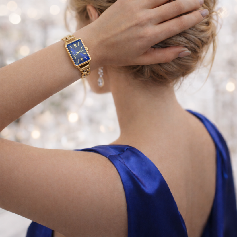 MINET Zlato-modré dámské hodinky SIENA se zlatým ocelovým řemínkem