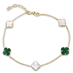 MINET Zlatý náramek čtyřlístek se zeleným malachitem a bílou perletí Au 585/1000 2,30g