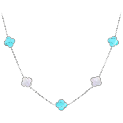 MINET Strieborný náhrdelník ŠTVORLÍSTKY s bielou perleťou a tyrkysom Ag 925/1000 11,85g