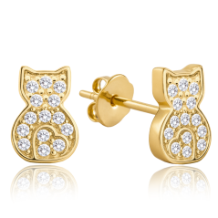 MINET Zlaté náušnice kočky s bílými zirkony Au 585/1000 1,20g