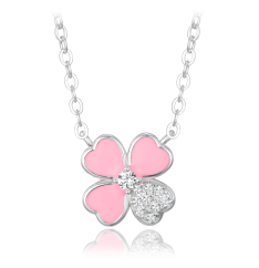 MINET Stříbrný náhrdelník růžová kytička s bílým zirkonem