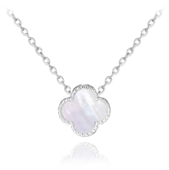 MINET Stříbrný náhrdelník čtyřlístek s bílou perletí