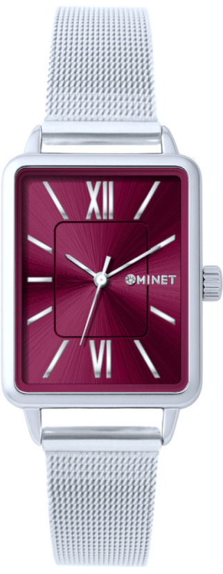 MINET Stříbrno-vínové dámské hodinky SIENA se stříbrným ocelovým řemínkem
