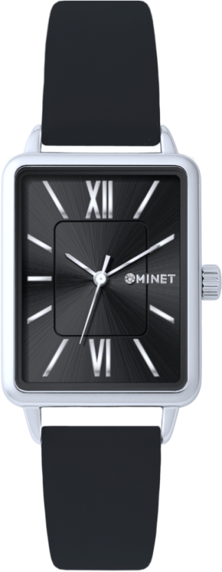 MINET Stříbrno-černé dámské hodinky SIENA s černým koženým řemínkem