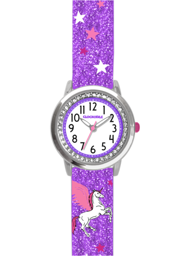 Fialové třpytivé dívčí hodinky s jednorožcem a kamínky CLOCKODILE UNICORN CWG5102