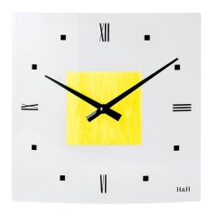 Skleněné čtvercové nástěnné hodiny H&H Čtverec - bílo-žluté - E19.4691.0010.004910