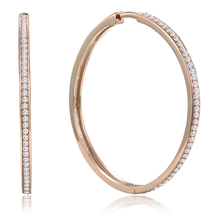 MINET Rose gold stříbrné náušnice hranaté kruhy 4 cm s bílými zirkony