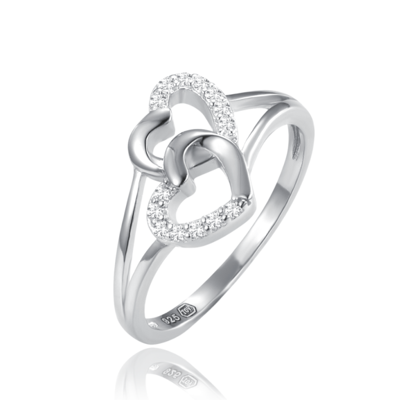 MINET Stříbrný prsten dvě srdce s bílými zirkony vel. 58