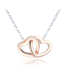 MINET Strieborný náhrdelník v kombinácii s Rosegold so spojenými srdiečkami a bielymi zirkónmi