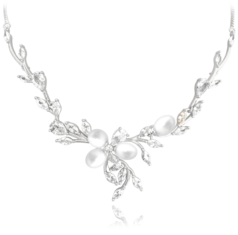 MINET Zdobný strieborný náhrdelník prírodné perly s bielymi zirkónmi