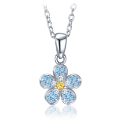 MINET Detský strieborný náhrdelník kytička s modrým, bielym a žltým zirkónom