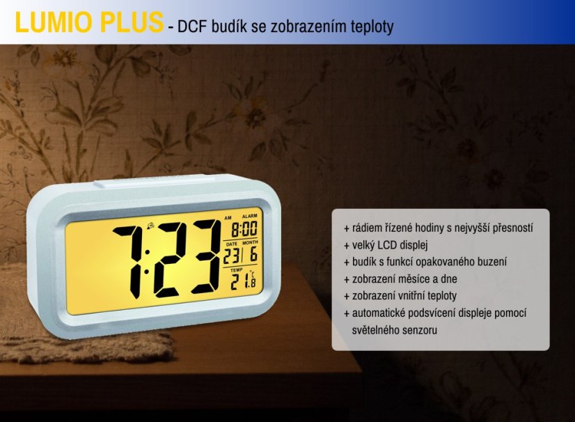 TFA 60.2553.02 - Rádiem řízený digitální budík s možností podsvícení  LUMIO PLUS - barva bílá