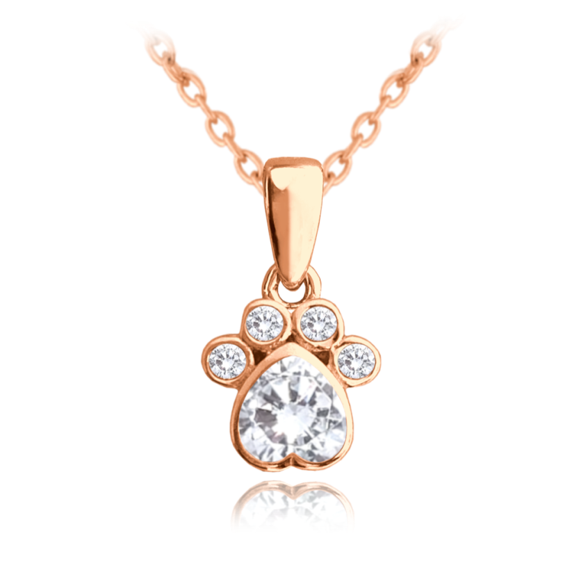 MINET Rose gold strieborný náhrdelník TLAPKA s bielymi zirkónmi