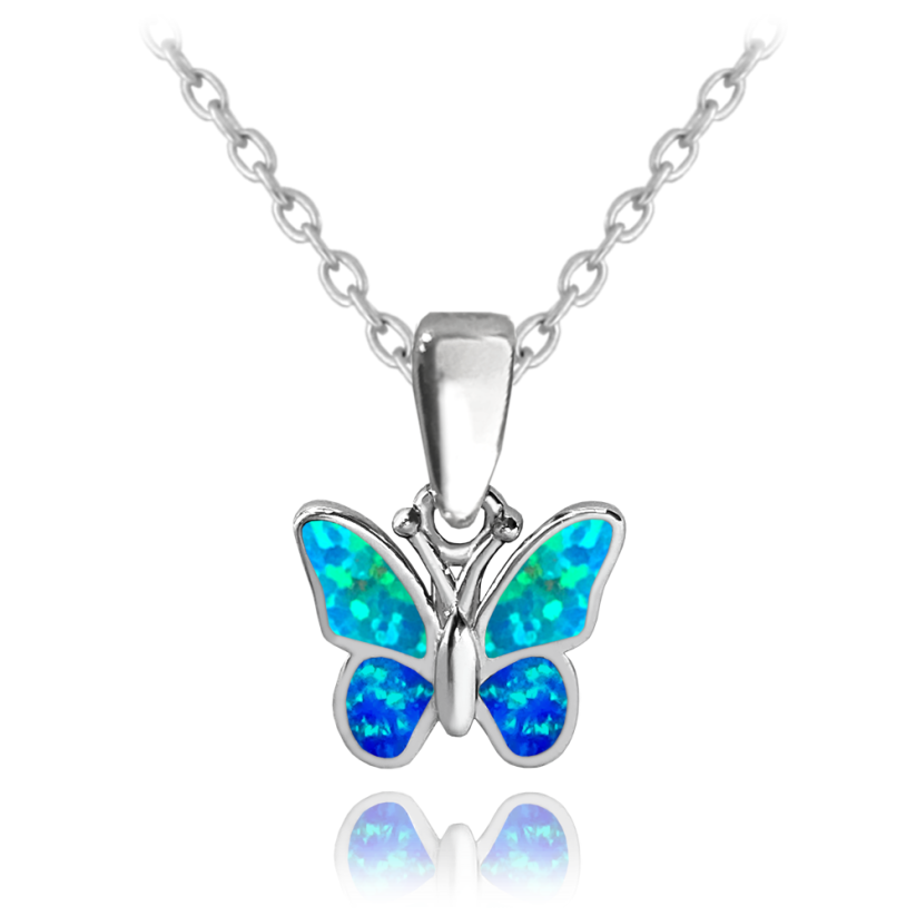 MINET Trblietavý strieborný náhrdelník MOTÝLIK s modrým opálom