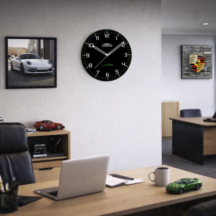 Sklenené nástenné hodiny s tichým chodom PRIM Speedline - čierno-zelené - E09.5530.9040