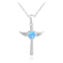 MINET Strieborný náhrdelník ANJELSKÝ KRÍŽOK s modrým opálovým srdiečkom