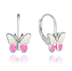 MINET Třpytivé stříbrné náušnice MOTÝLCI s růžovým opálem