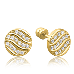 MINET Elegantné zlaté náušnice kolieska na skrutku s bielymi zirkónmi Au 585/1000 1,60g