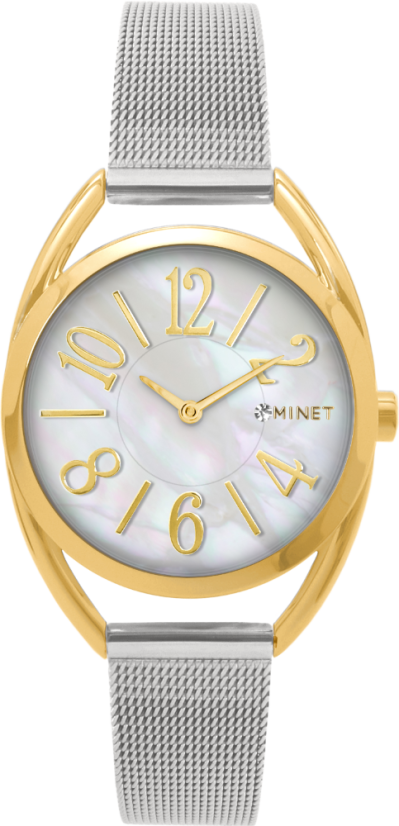 MINET Strieborno-zlaté dámske hodinky s číslami ICON GOLD PEARL MESH
