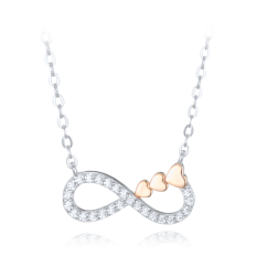 MINET Stříbrný náhrdelník nekonečno s rose gold srdíčky a bílými zirkony