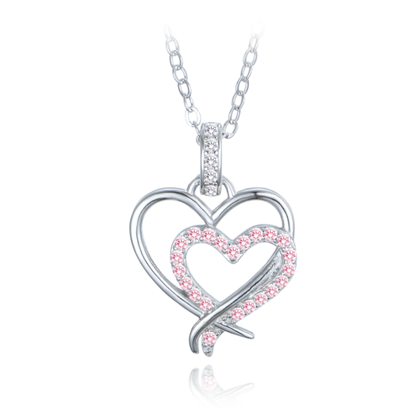 MINET Stříbrný náhrdelník dvojité srdce s bílými a růžovými zirkony