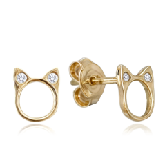 MINET Elegantné zlaté náušnice mačka so zirkónmi Au 585/1000 0,90g