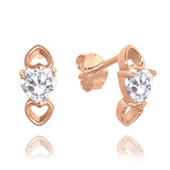 MINET Rose gold strieborné náušnice LOVE s bielym srdiečkovým zirkónom