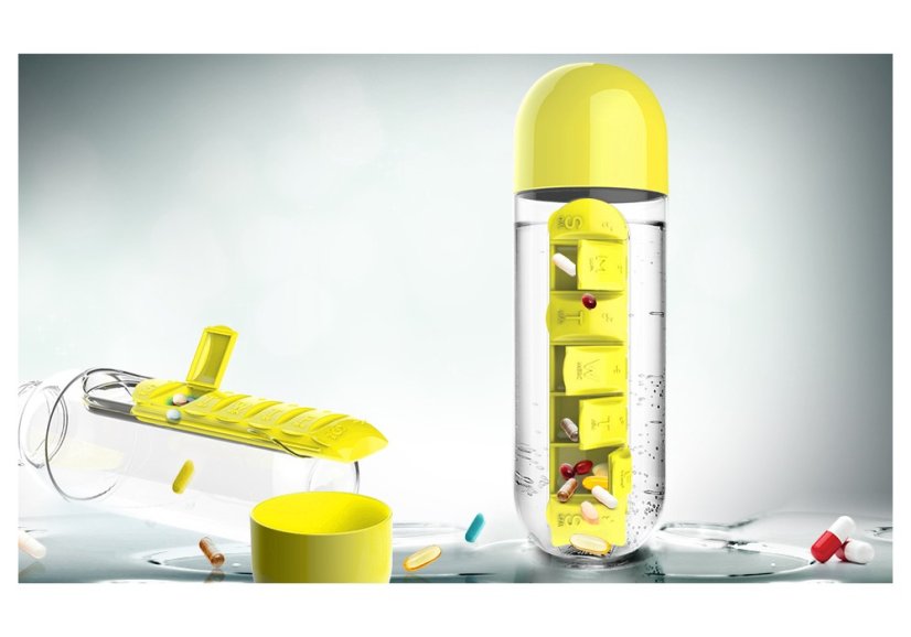 ASOBU multifunkční týdenní dávkovací láhev Pill Organizer žlutá 600ml