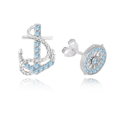 MINET Letné strieborné náušnice KORMIDLO a KOTVA s modrými zirkónmi