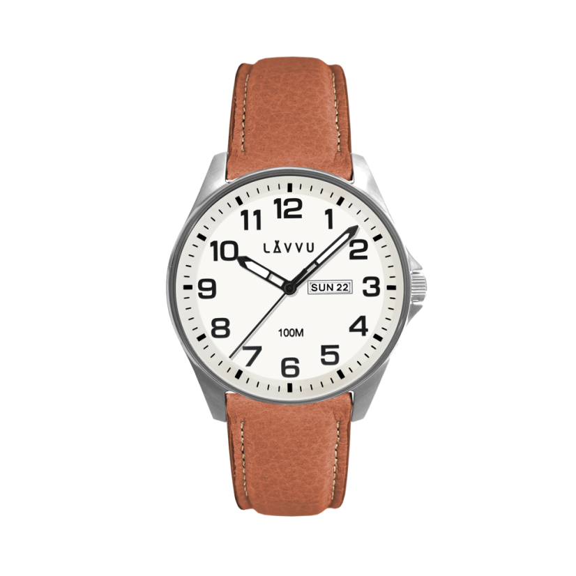 LAVVU Ocelové pánské hodinky BERGEN White / Top Grain Leather se svítícím číselníkem