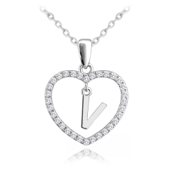 MINET Strieborný náhrdelník písmeno v srdiečku "V" so zirkónmi