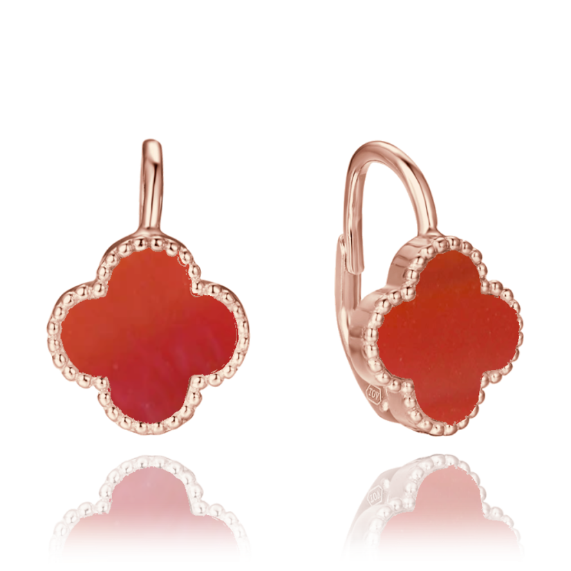 MINET Rose gold strieborné náušnice štvorlístky s červeným achátom MINET Rose gold strieborné náušnice štvorlístky s červeným achátom